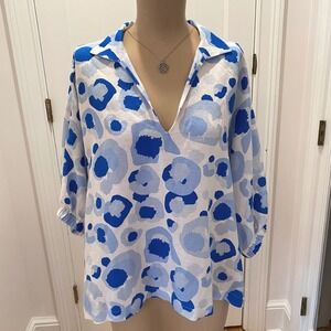 Emily Mccarthy Blue White Abstract 3/4 Sleeve Casual Top Blouse